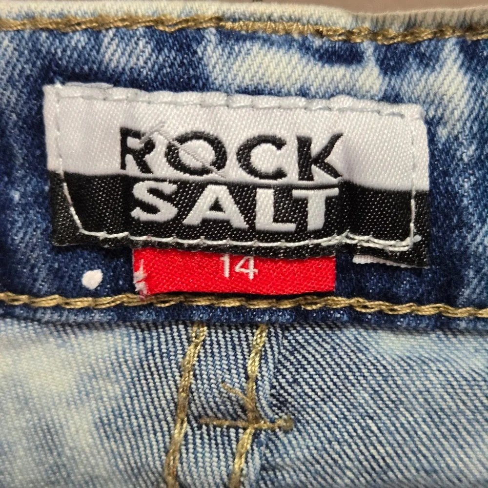 Rock Salt Boys Acid Wash Distressed Savage Graphic Denim Shorts Light Blue SZ 14